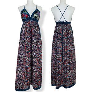 Floral Boho Maxi Halter Dress, Empire Waist, Strappy